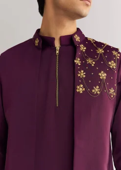 Wine Suiting Jacket Kurta Set With Metal Accents