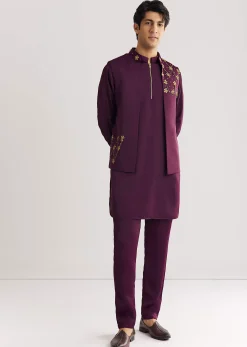 Wine Suiting Jacket Kurta Set With Metal Accents