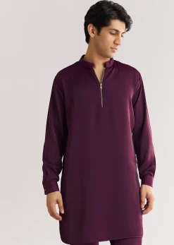 Wine Suiting Jacket Kurta Set With Metal Accents