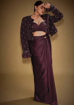 Wine Tassel Embroidered Blazer Set With Bustier And Drape Skirt