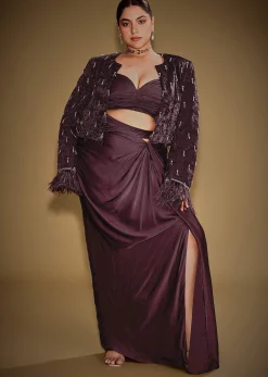 Wine Tassel Embroidered Blazer Set With Bustier And Drape Skirt
