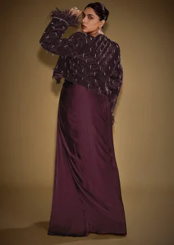 Wine Tassel Embroidered Blazer Set With Bustier And Drape Skirt