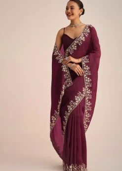 Wine Tissue Saree With Sequin And Cutdana Border And Unstitched Blouse