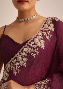 Wine Tissue Saree With Sequin And Cutdana Border And Unstitched Blouse