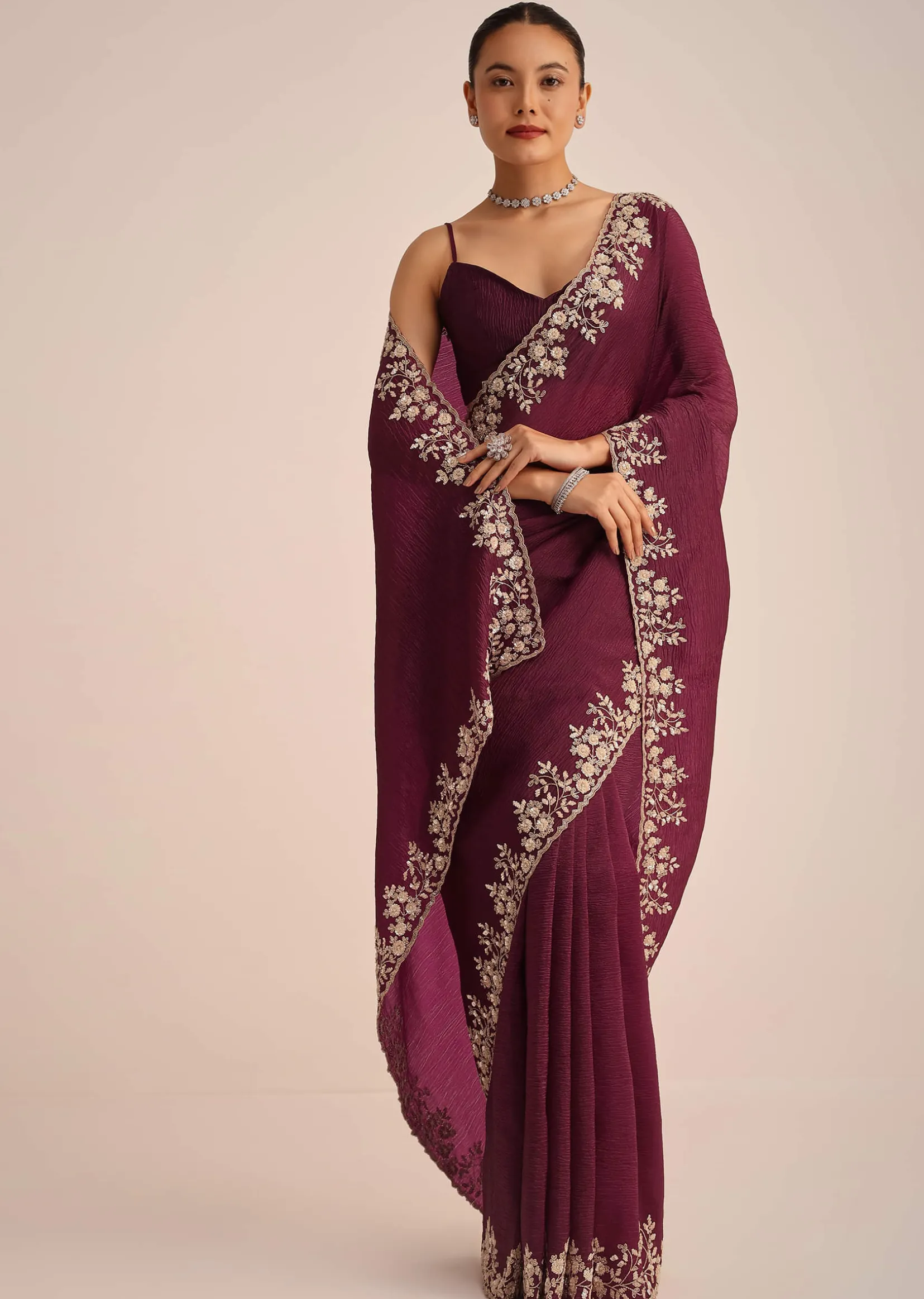 Wine Tissue Saree With Sequin And Cutdana Border And Unstitched Blouse
