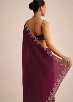 Wine Tissue Saree With Sequin And Cutdana Border And Unstitched Blouse
