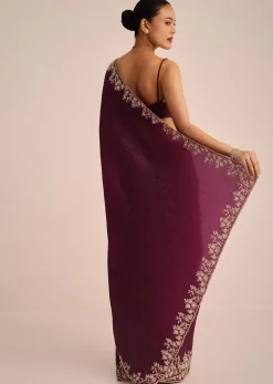Wine Tissue Saree With Sequin And Cutdana Border And Unstitched Blouse