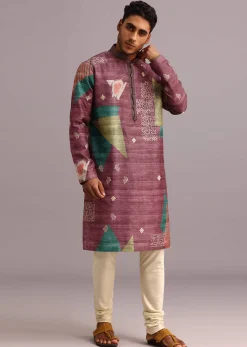 Wine Tussar Silk Printed Kurta Set