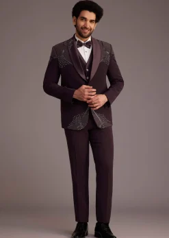 Wine Tuxedo With Beaded Detailing And Satin Peak Lapel