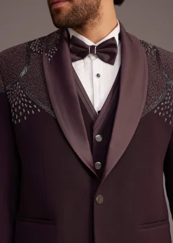 Wine Tuxedo With Beaded Detailing And Satin Peak Lapel