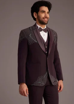Wine Tuxedo With Beaded Detailing And Satin Peak Lapel