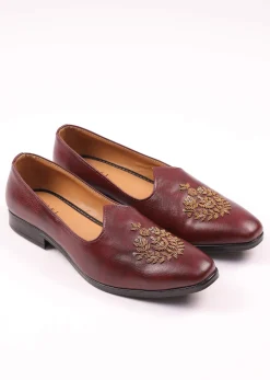 Wine Vegan Leather Jutti With Zardosi Work