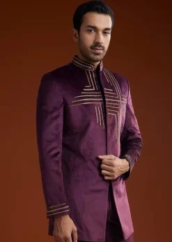 Wine Velvet Jodhpuri Kurta Trouser Set With Zari Embroidery