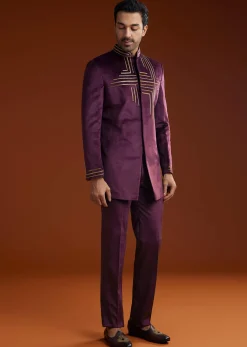 Wine Velvet Jodhpuri Kurta Trouser Set With Zari Embroidery