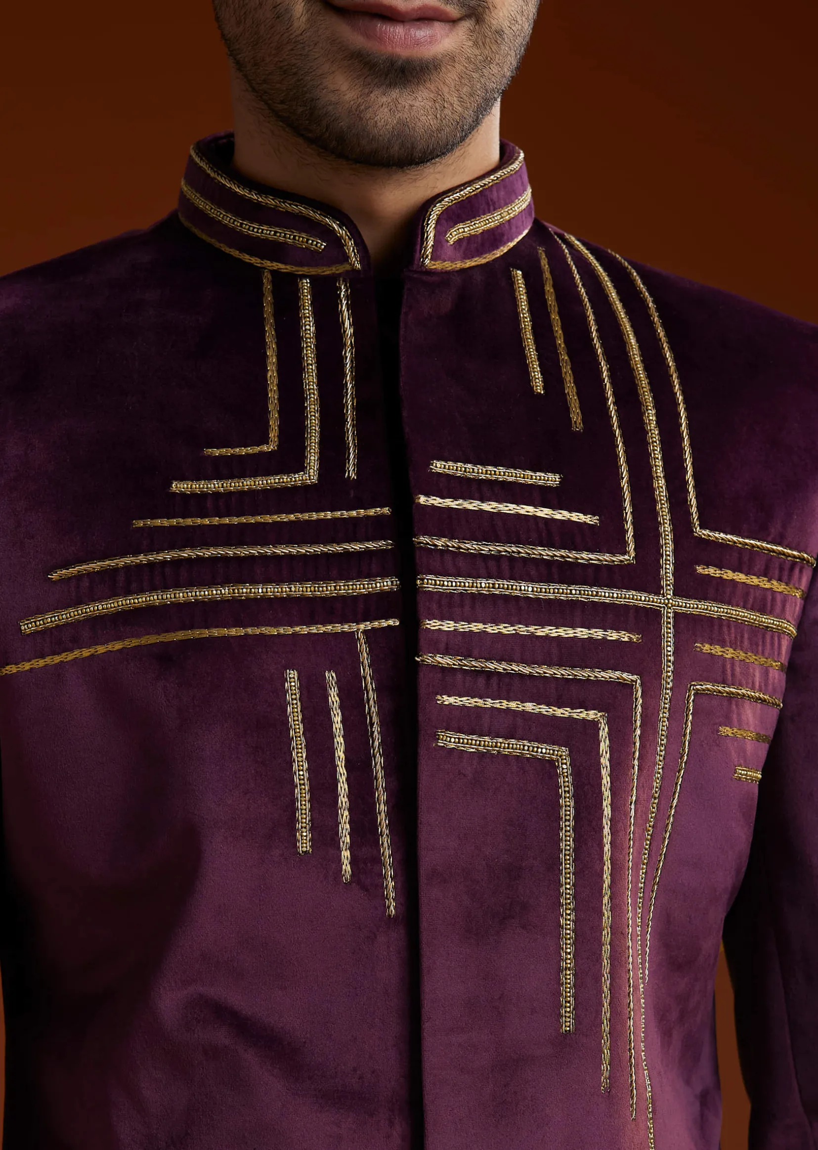 Wine Velvet Jodhpuri Kurta Trouser Set With Zari Embroidery