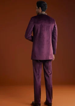 Wine Velvet Jodhpuri Kurta Trouser Set With Zari Embroidery