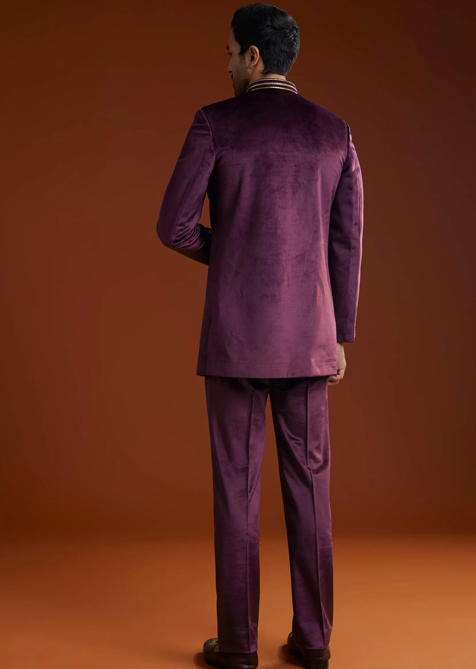 Wine Velvet Jodhpuri Kurta Trouser Set With Zari Embroidery