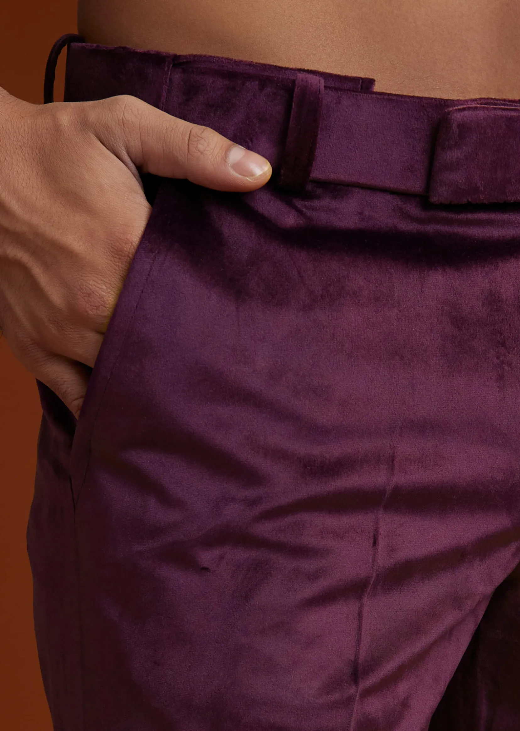 Wine Velvet Jodhpuri Kurta Trouser Set With Zari Embroidery