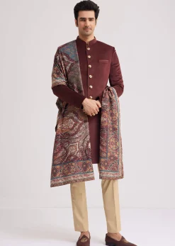 Wine Velvet Nawabi Set With Printed Pashmina Dupatta