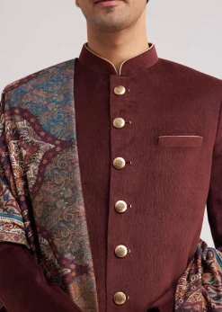 Wine Velvet Nawabi Set With Printed Pashmina Dupatta