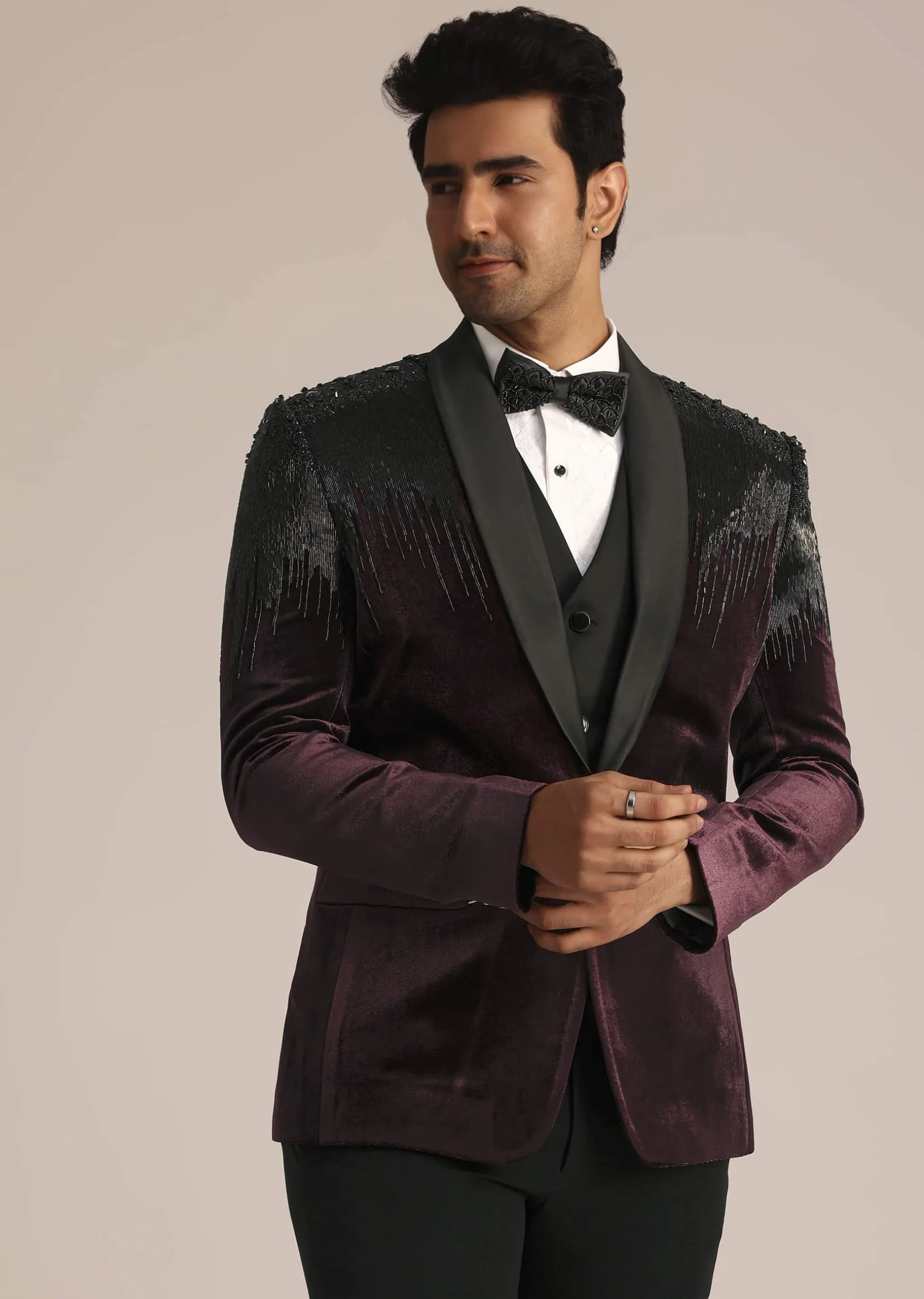 Wine Velvet Suit Set With Zardosi Detailing
