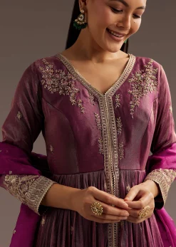 Wine Zardosi Sequins Anarkali Pant Dupatta Set