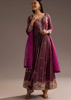 Wine Zardosi Sequins Anarkali Pant Dupatta Set