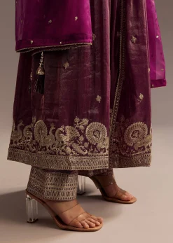 Wine Zardosi Sequins Anarkali Pant Dupatta Set