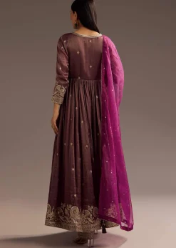 Wine Zardosi Sequins Anarkali Pant Dupatta Set