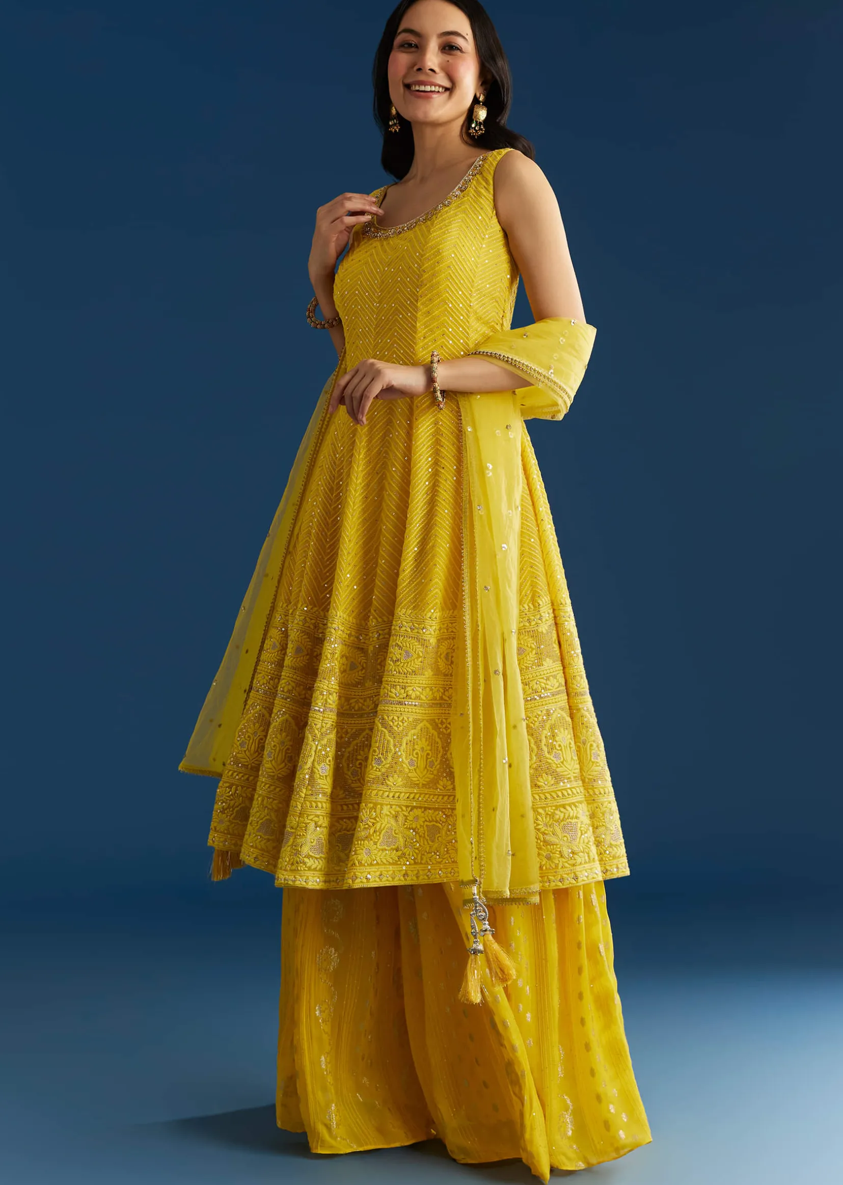 Yellow A Line Georgette Kurta Palazzo Suit