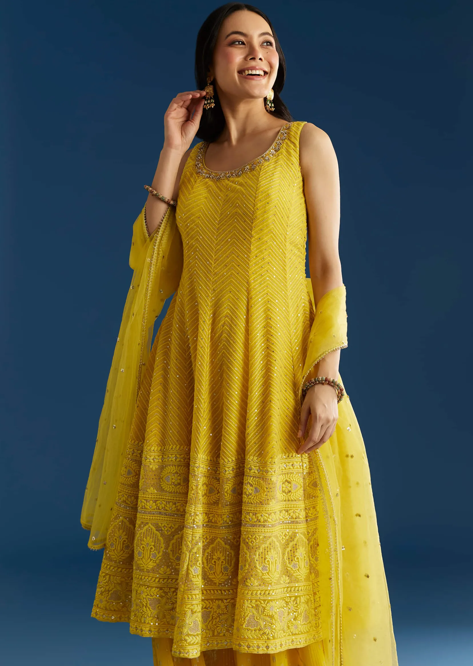 Yellow A Line Georgette Kurta Palazzo Suit
