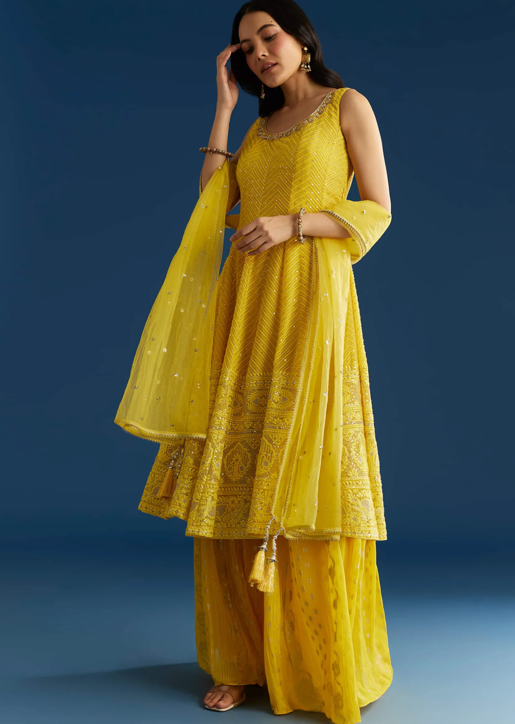 Yellow A Line Georgette Kurta Palazzo Suit