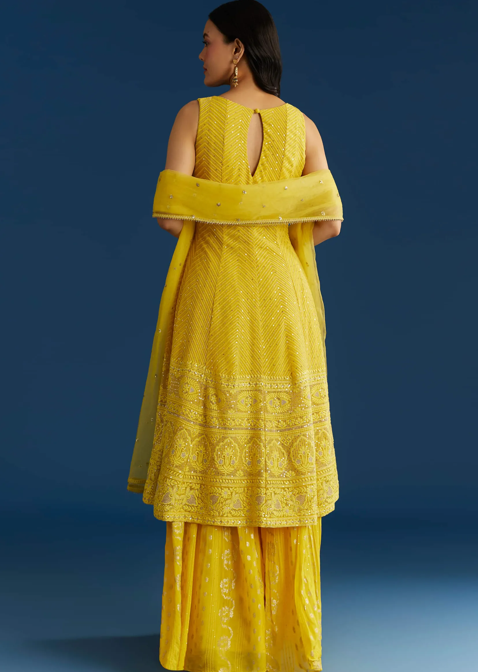 Yellow A Line Georgette Kurta Palazzo Suit