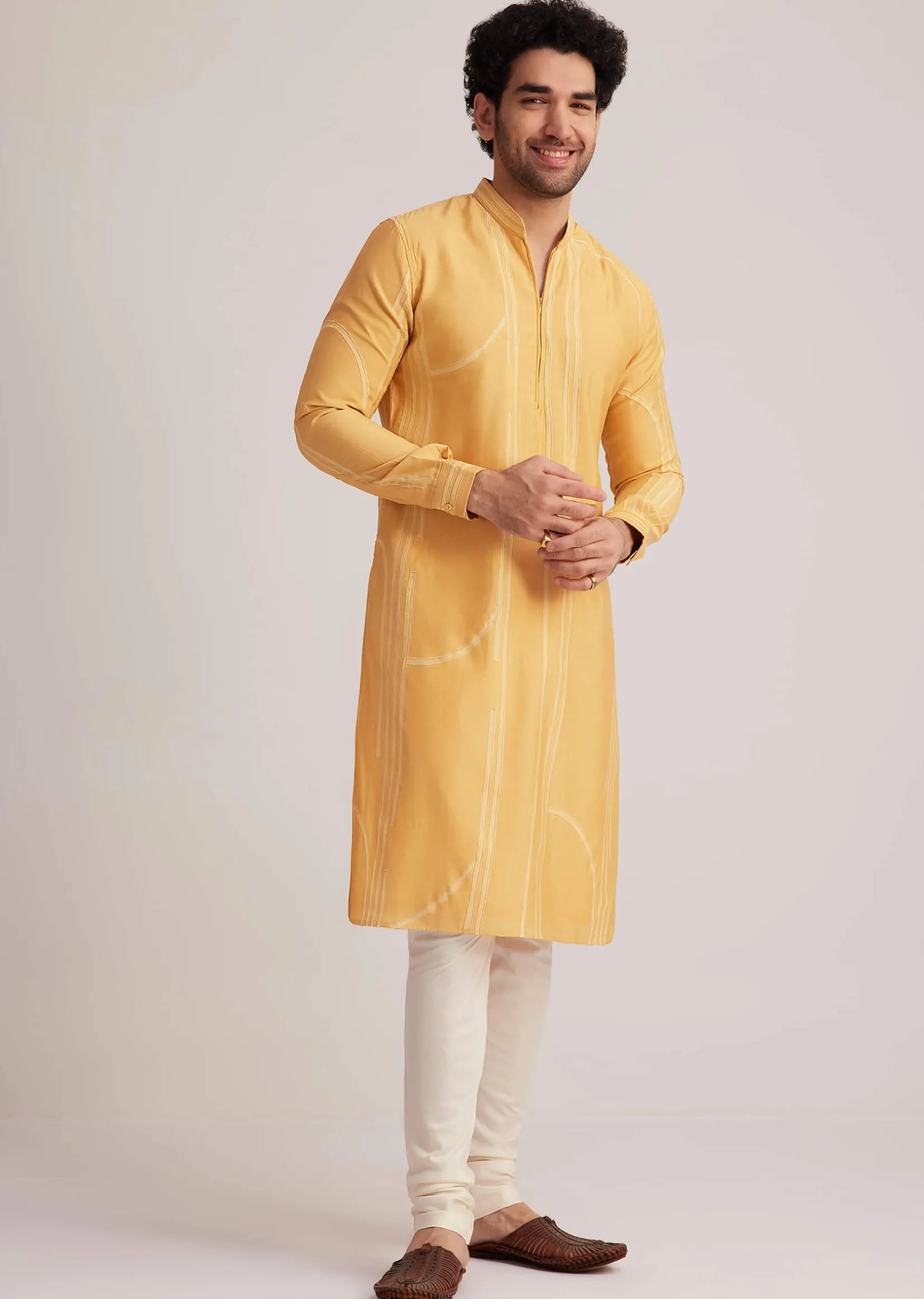 Yellow Abstract Striped Kurta Set