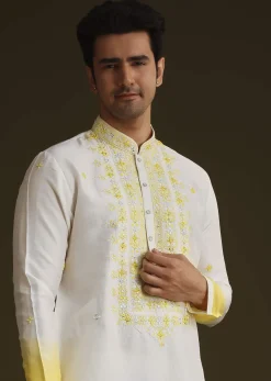Yellow And Cream Ombre Silk Kurta Set