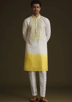 Yellow And Cream Ombre Silk Kurta Set