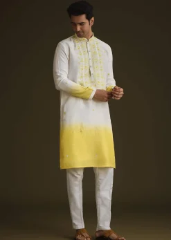 Yellow And Cream Ombre Silk Kurta Set