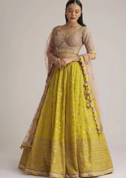 Yellow and Mauve Embroidered Lehenga Set With Net Dupatta