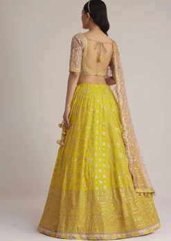 Yellow and Mauve Embroidered Lehenga Set With Net Dupatta