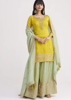 Yellow And Pista Green Tissue Palazzo Suit With Zardosi Work