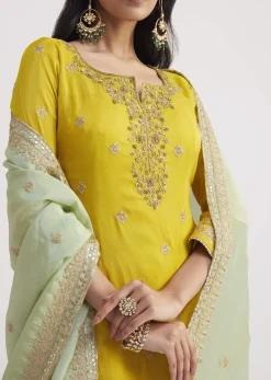 Yellow And Pista Green Tissue Palazzo Suit With Zardosi Work