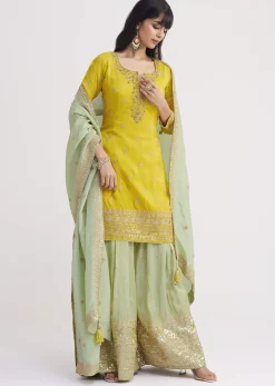 Yellow And Pista Green Tissue Palazzo Suit With Zardosi Work