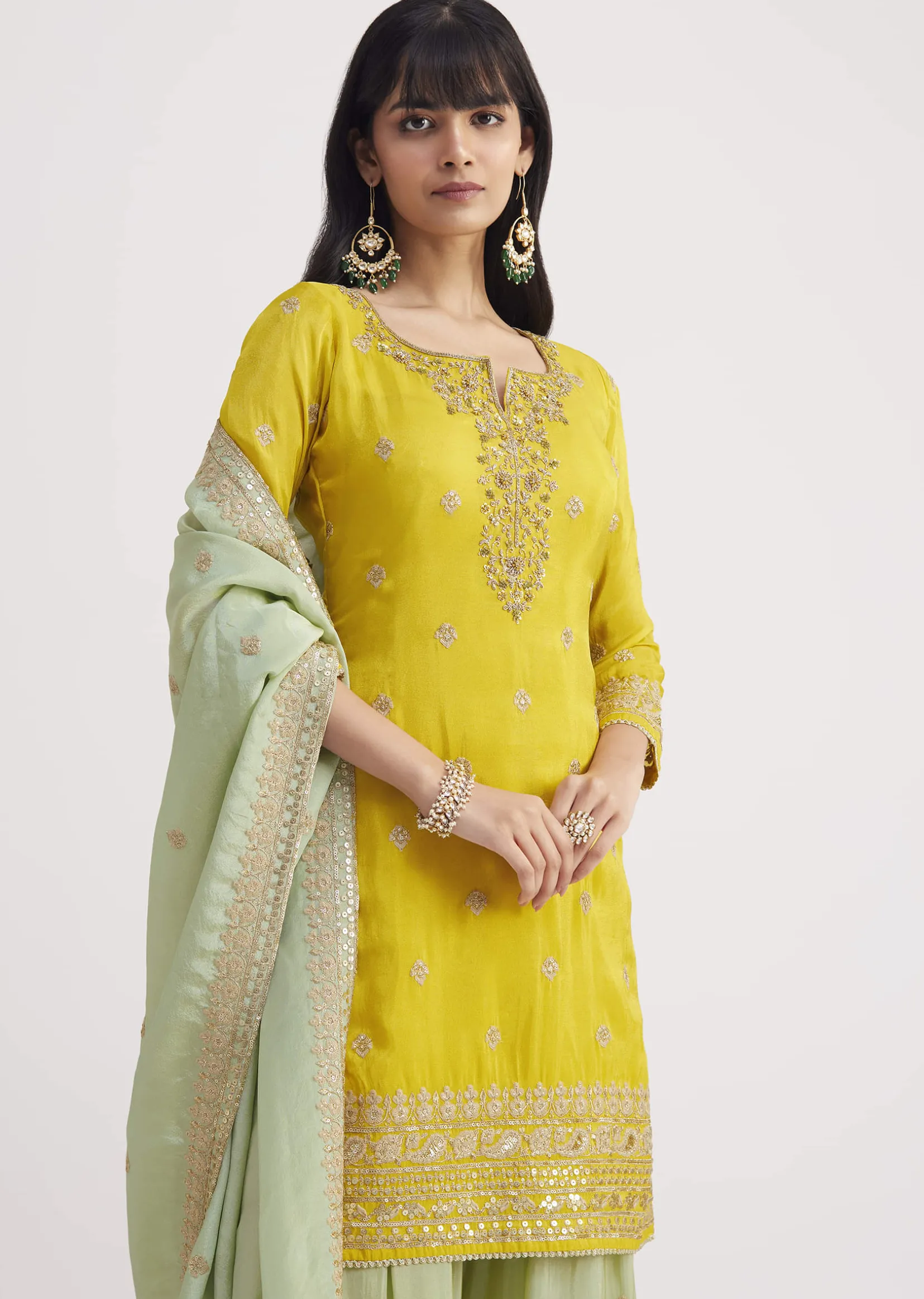 Yellow And Pista Green Tissue Palazzo Suit With Zardosi Work