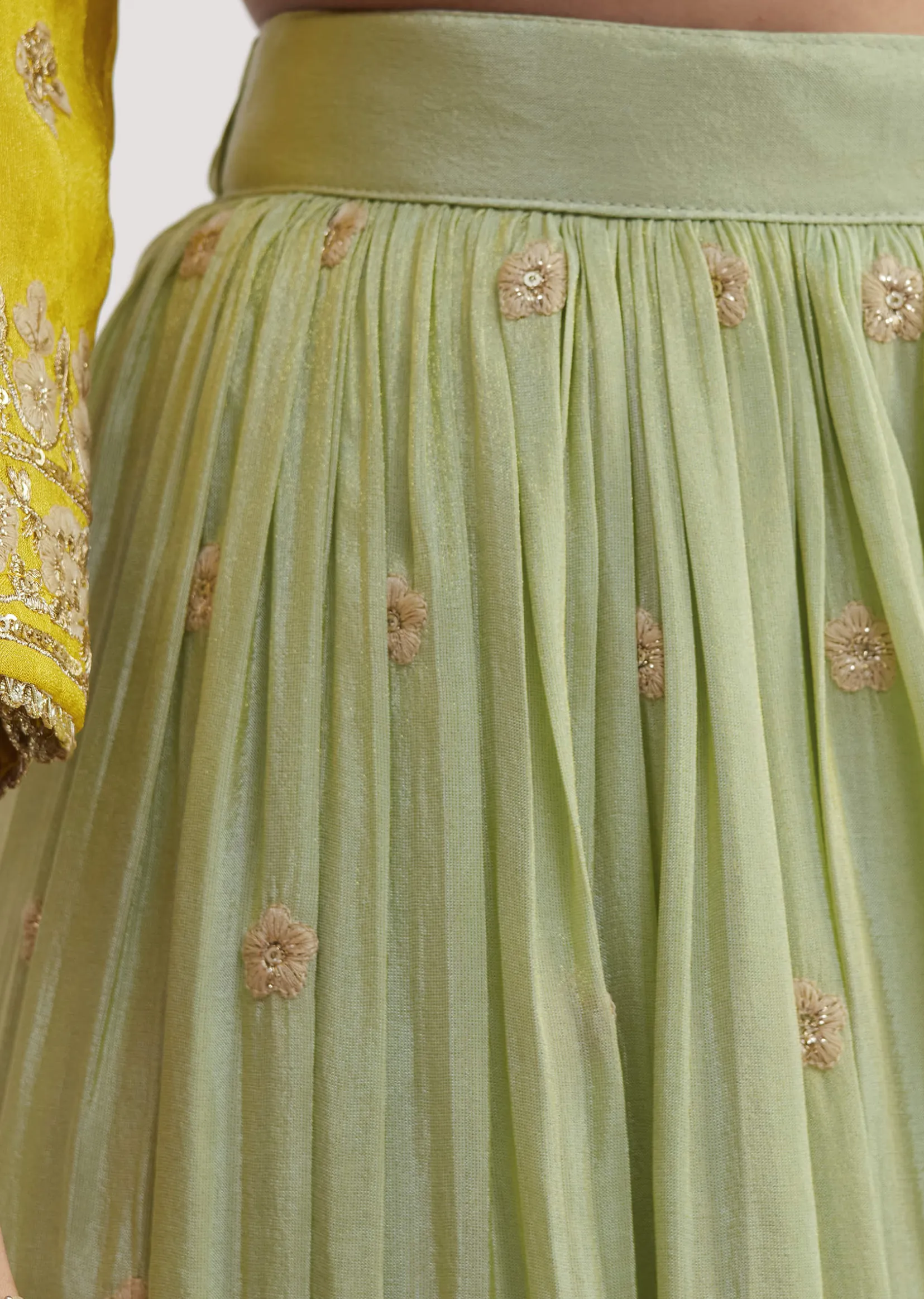 Yellow And Pista Green Tissue Palazzo Suit With Zardosi Work