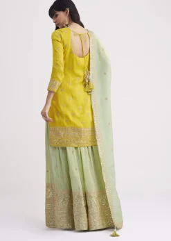Yellow And Pista Green Tissue Palazzo Suit With Zardosi Work