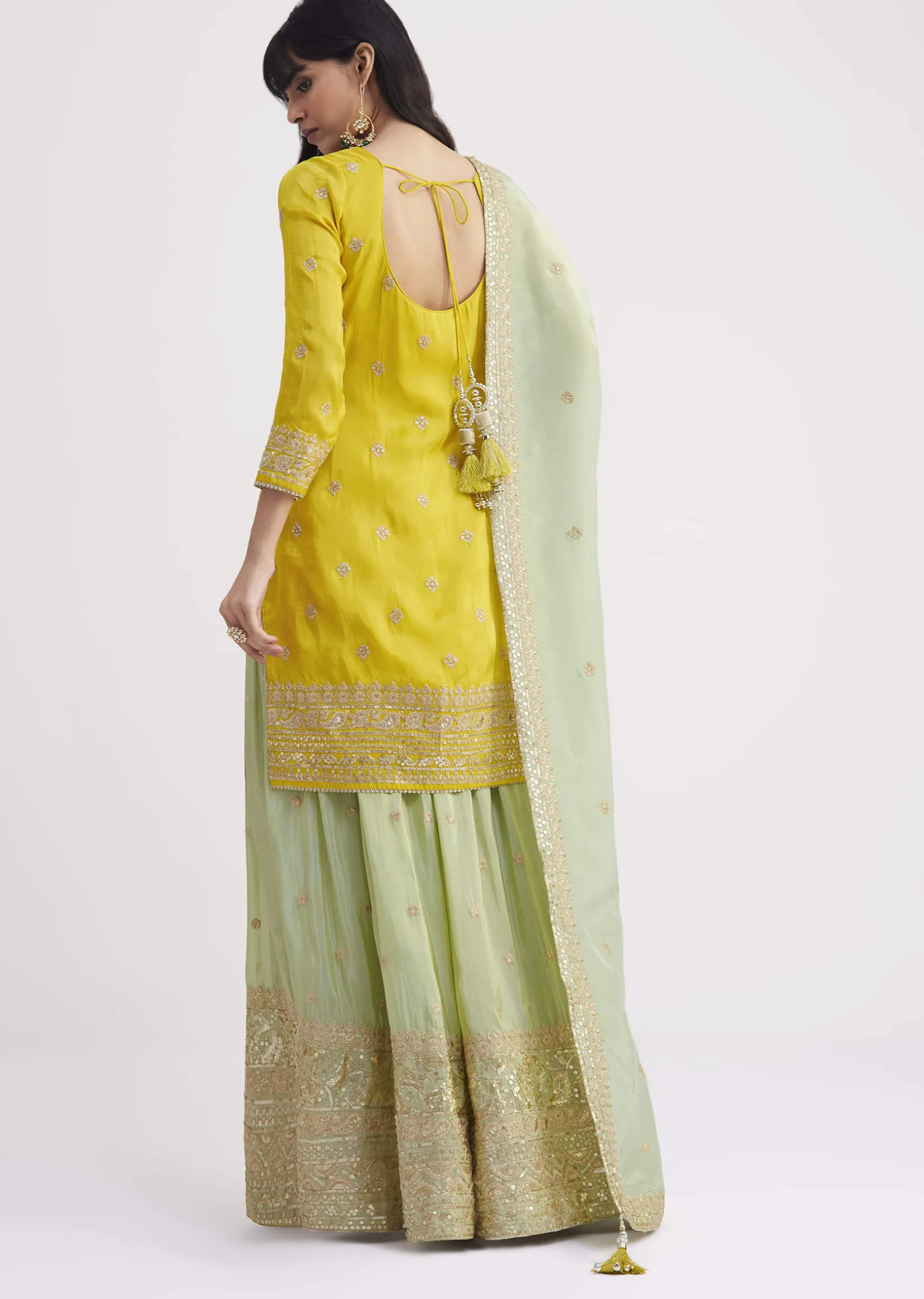 Yellow And Pista Green Tissue Palazzo Suit With Zardosi Work