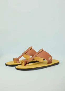 Yellow And Tan Brown Strappy Slides For Men In Leather With Buttons