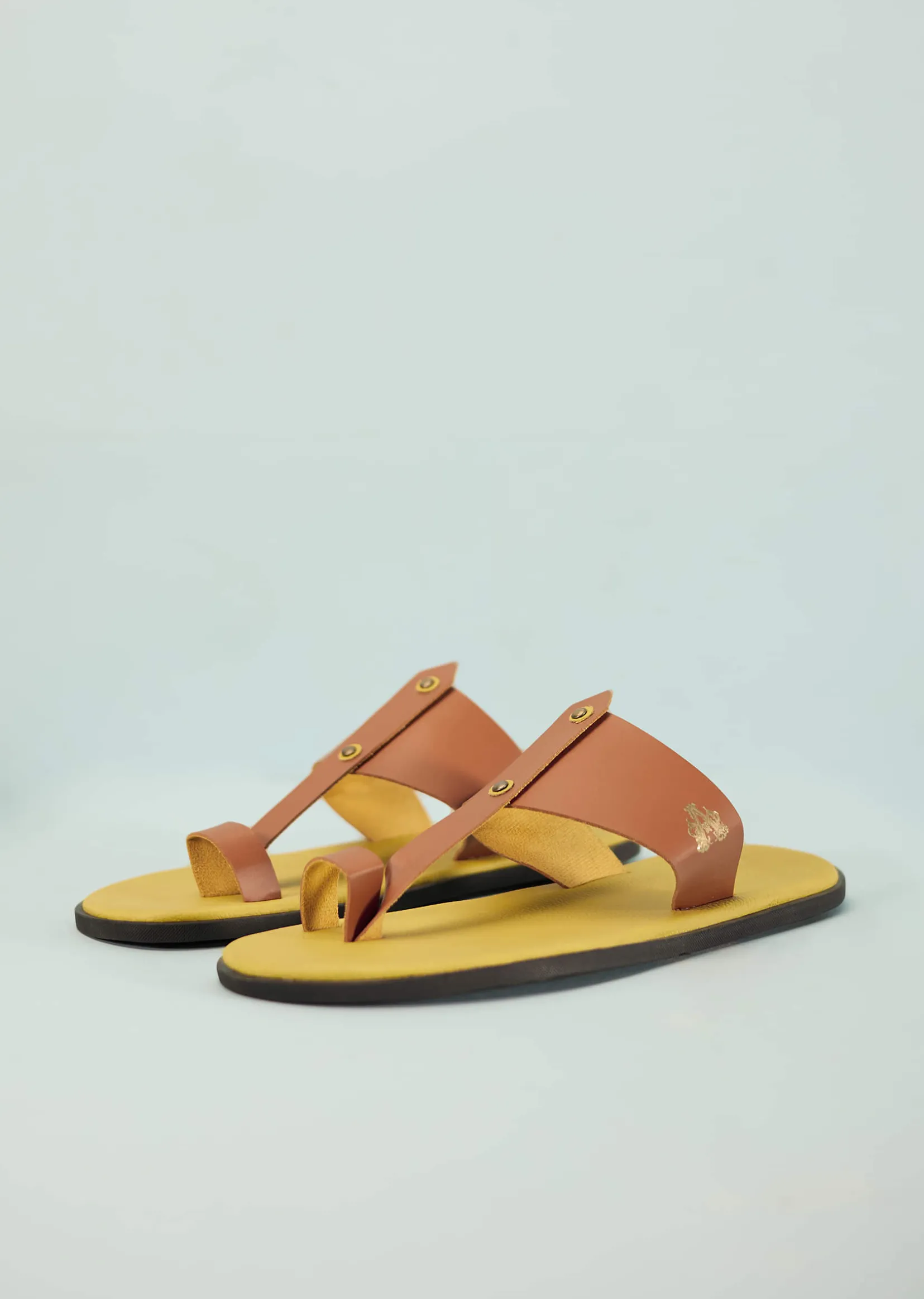 Yellow And Tan Brown Strappy Slides For Men In Leather With Buttons