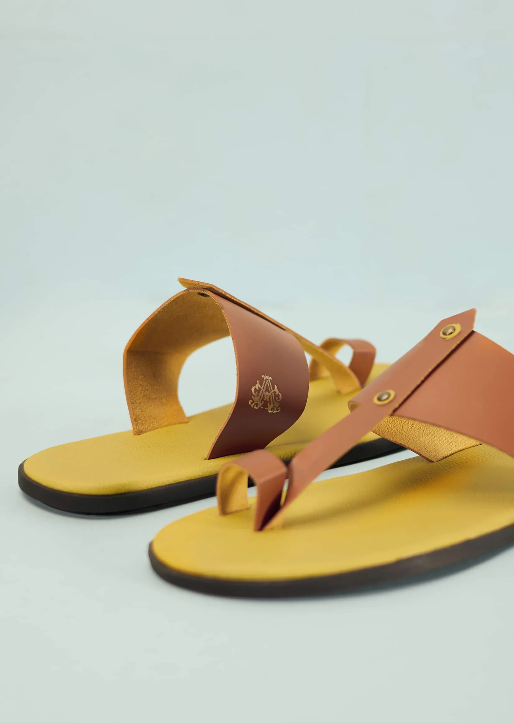 Yellow And Tan Brown Strappy Slides For Men In Leather With Buttons