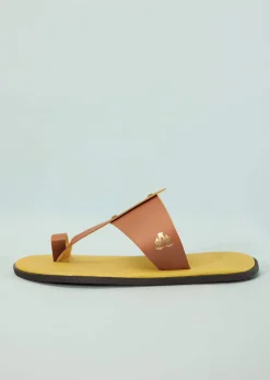 Yellow And Tan Brown Strappy Slides For Men In Leather With Buttons